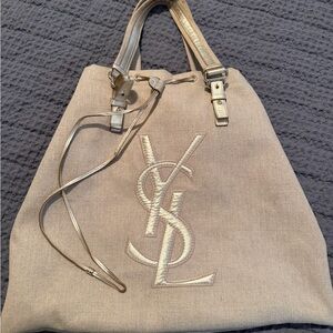 Yves Saint Laurent Tan Canvas Tote with Gold Accents